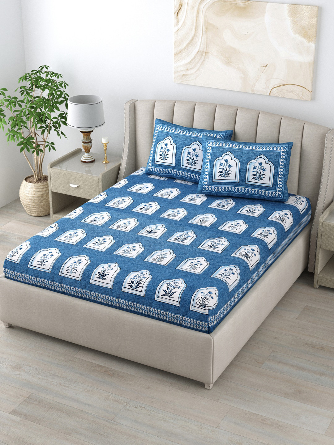LIVING ROOTS Blue Floral Pure Cotton Breathable 160 TC King Bedsheet with 2 Pillow Covers-228.6 x 262.13 cm