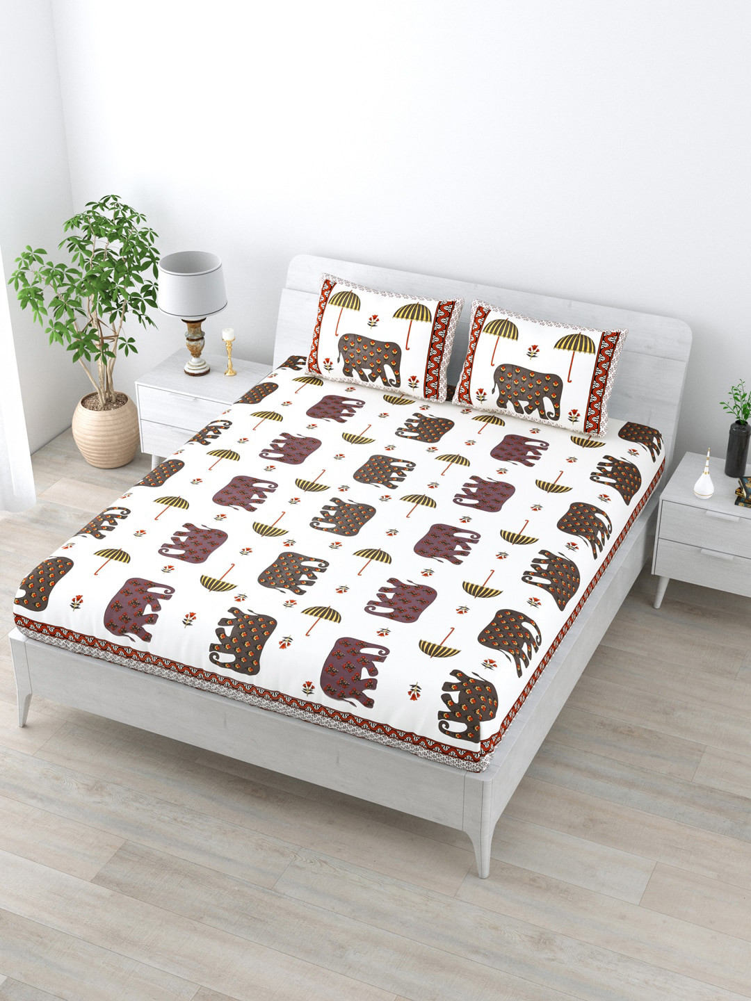 LIVING ROOTS Jaipuri White Graphic Pure Cotton 160 TC King Bedsheet with 2 Pillow Covers-90 x 108 inches