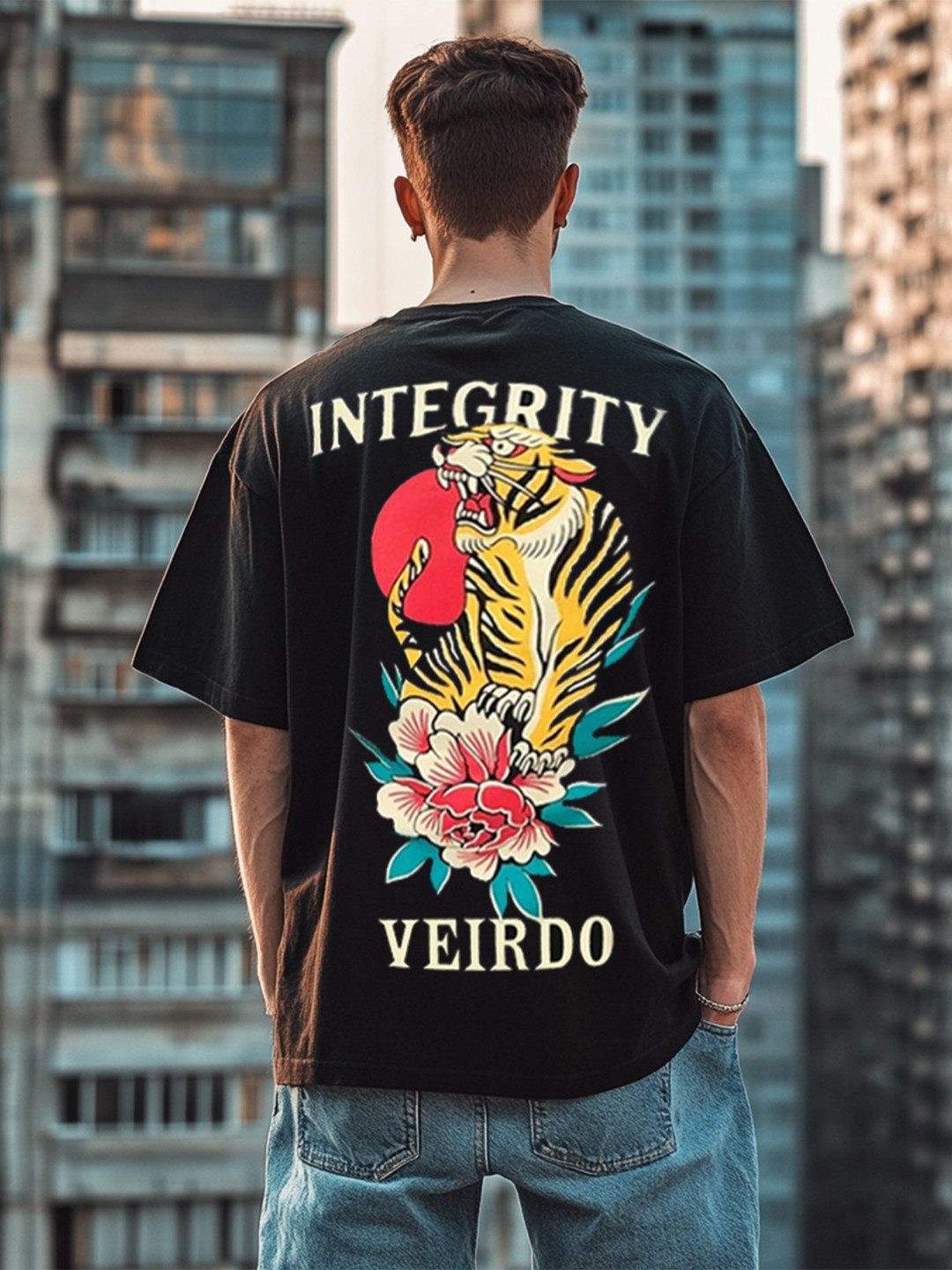 VEIRDO Men Black Printed Cotton Oversize T-shirt
