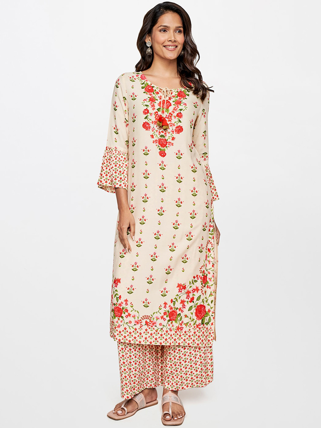 itse Women Off White Floral Printed Keyhole Neck Flared Sleeves Rayon Kurta