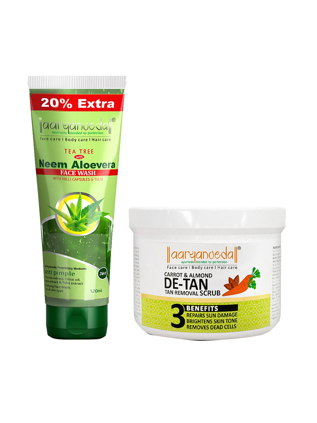 Aryanveda Pack of 2 Tea Tree Neem Aloe Face Wash & Carrot Almond Detan Face Scrub 200g