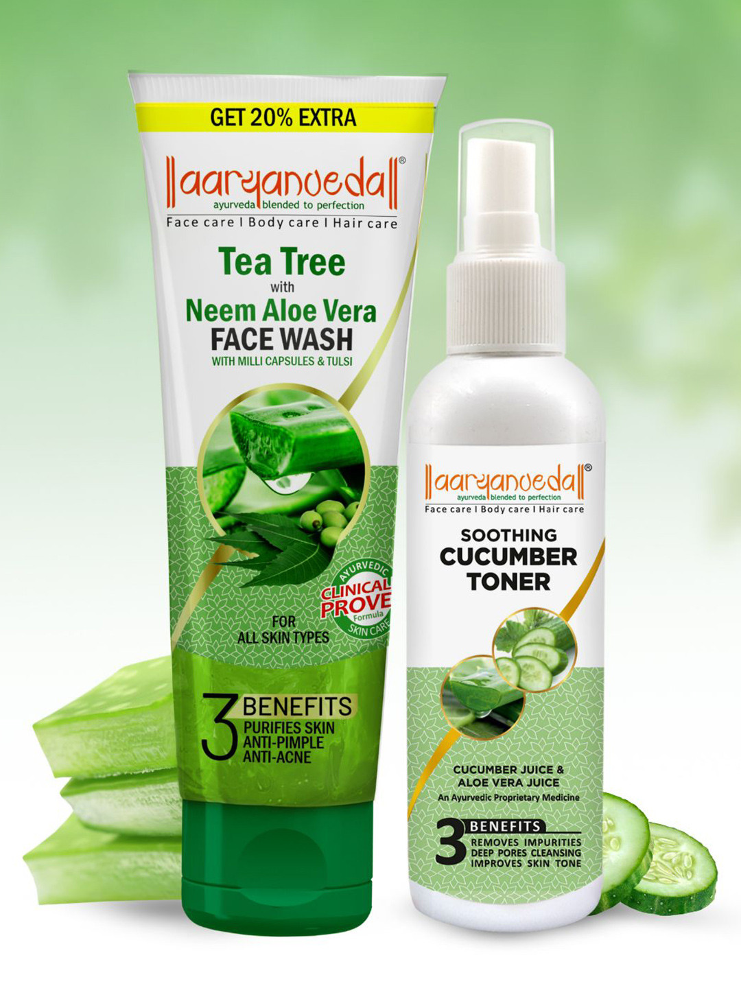 Aryanveda Tea Tree Face Wash With Aloe Vera Extracts 120ml & Soothing Cucumber Toner 100ml
