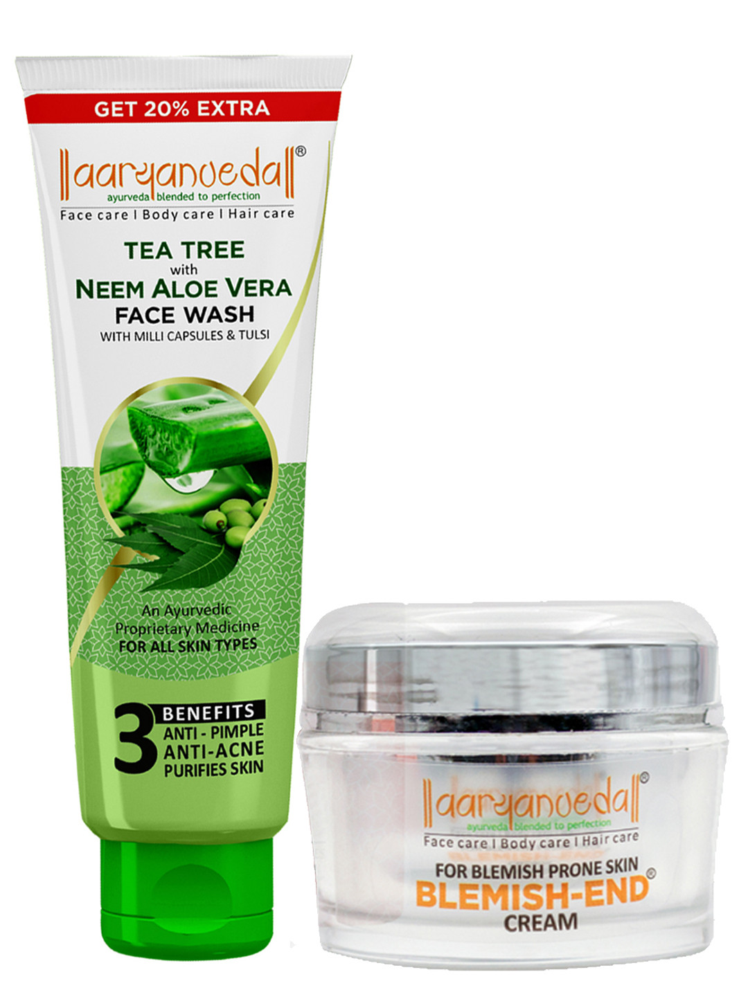 Aryanveda Pack of 2 Blemished Cream 50g & Tea Tree Neem Aloe Face Wash 120ml