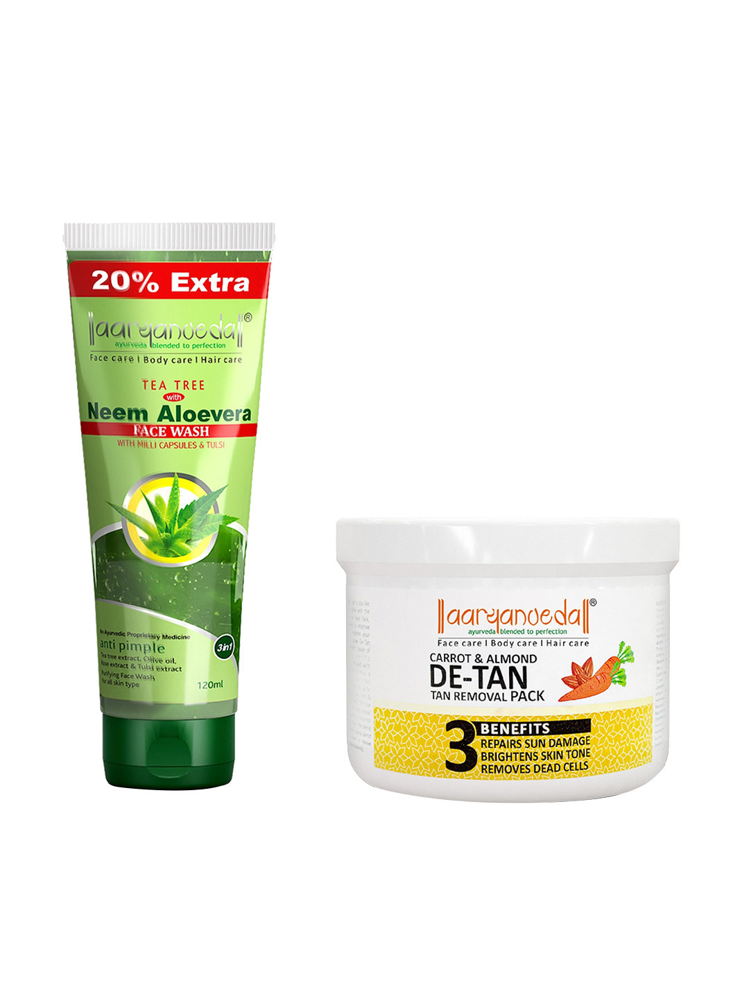 Aryanveda Pack of 2 Tea Tree Neem Aloe Face Wash & Carrot Almond Detan Face Scrub 200g