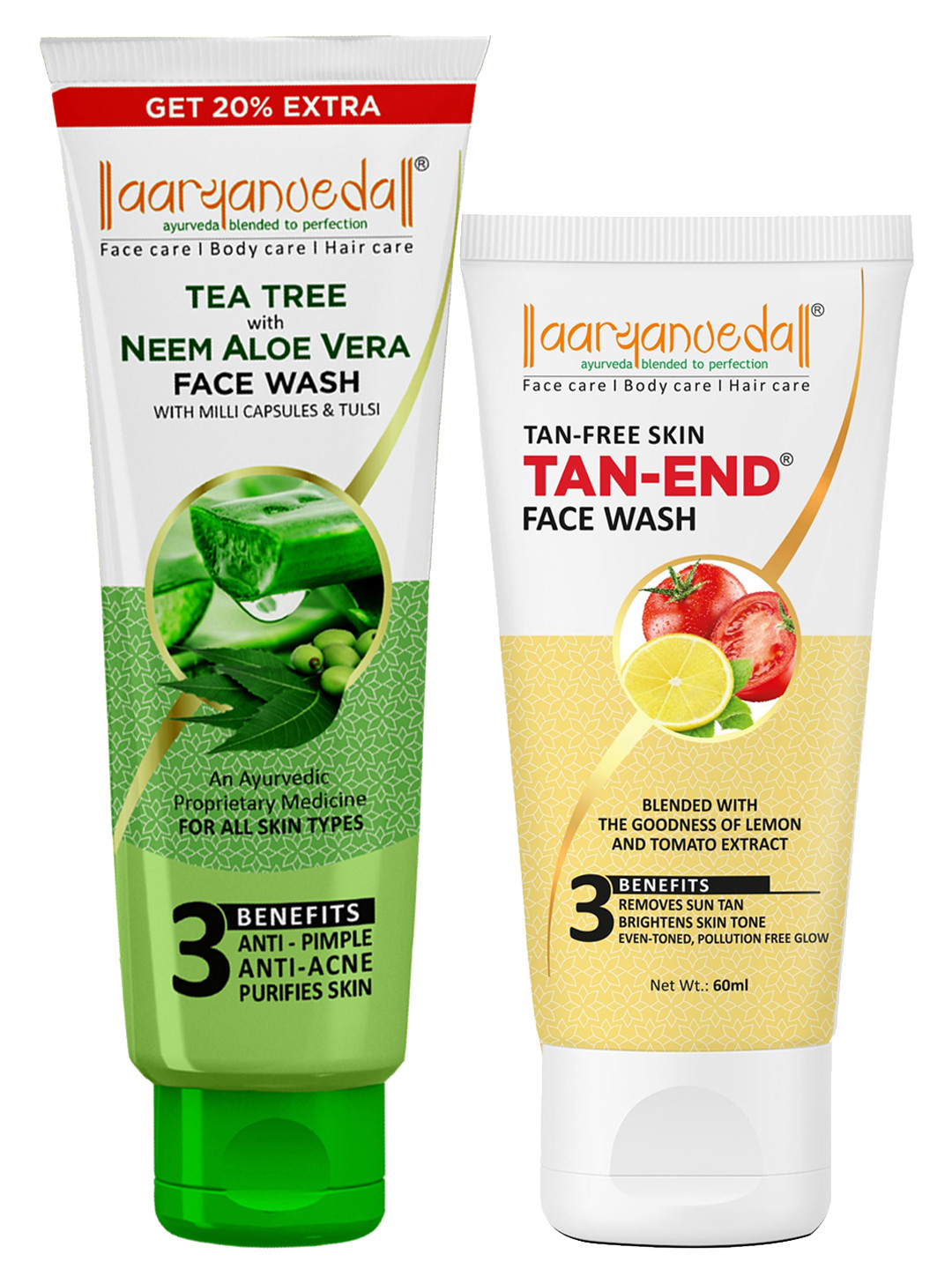 Aryanveda Pack of 2 Tea Tree Neem Aloe Vera Face Wash 120ml & Tanend Facewash 60ml