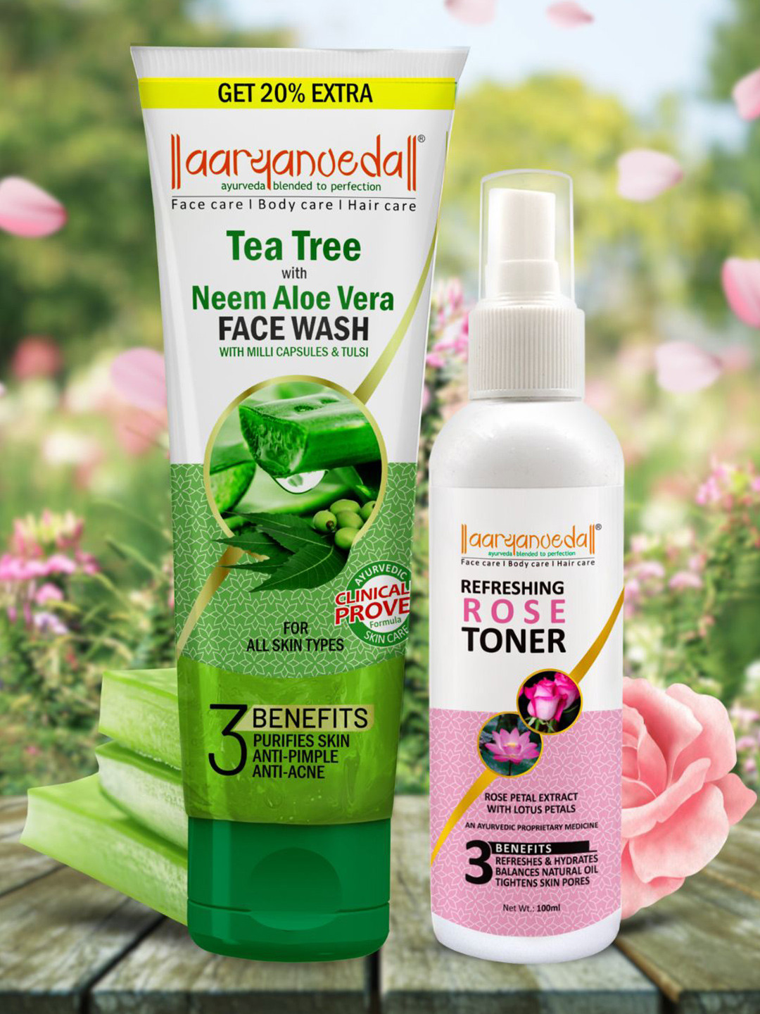 Aryanveda Set Of 2 Tea Tree Neem Aloevera Face Wash 120ml & Rose Face Toner 100ml