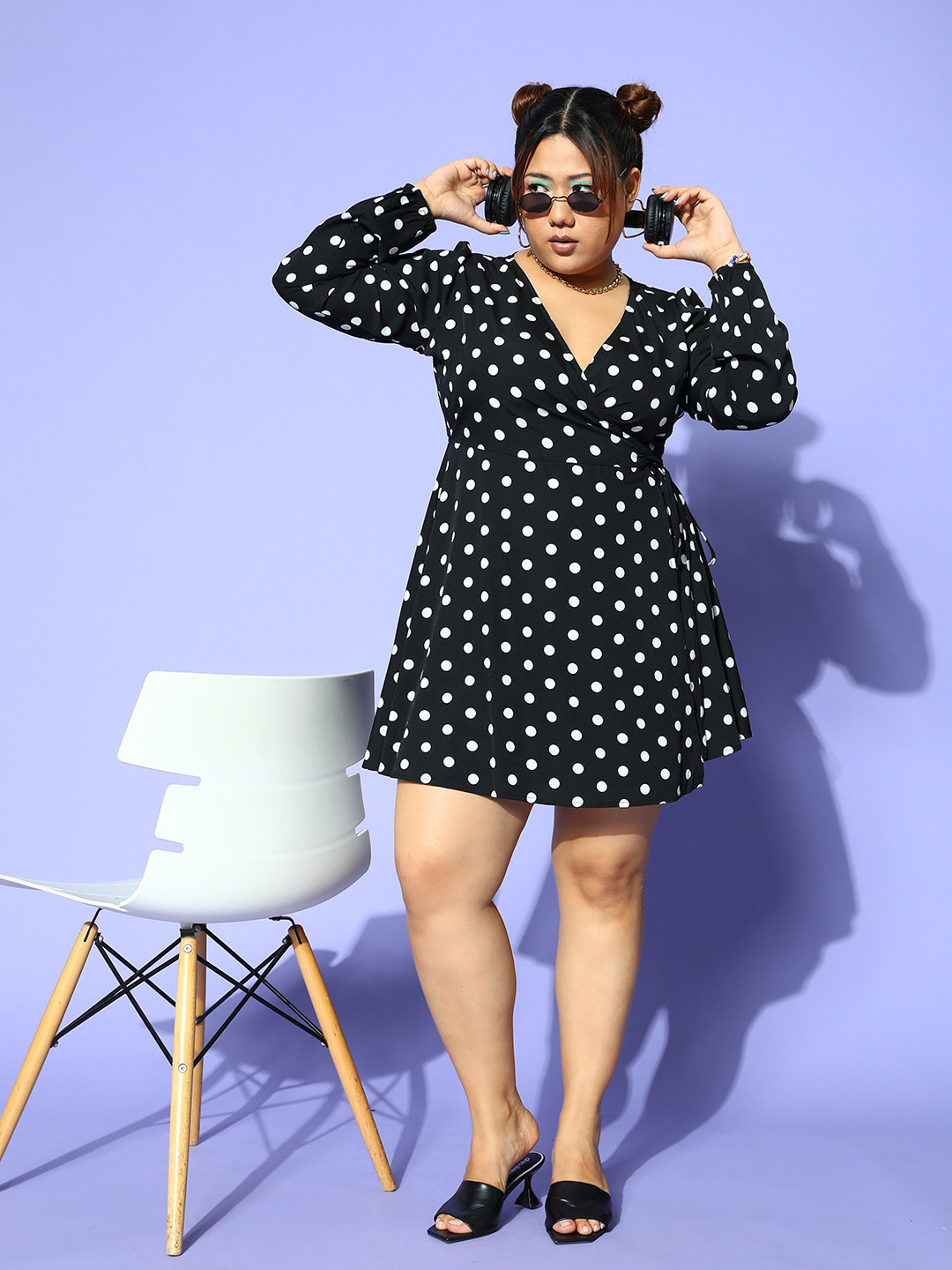 Berrylush Curve Women Elegant Black Polka Dotted Wrap it Up Dress