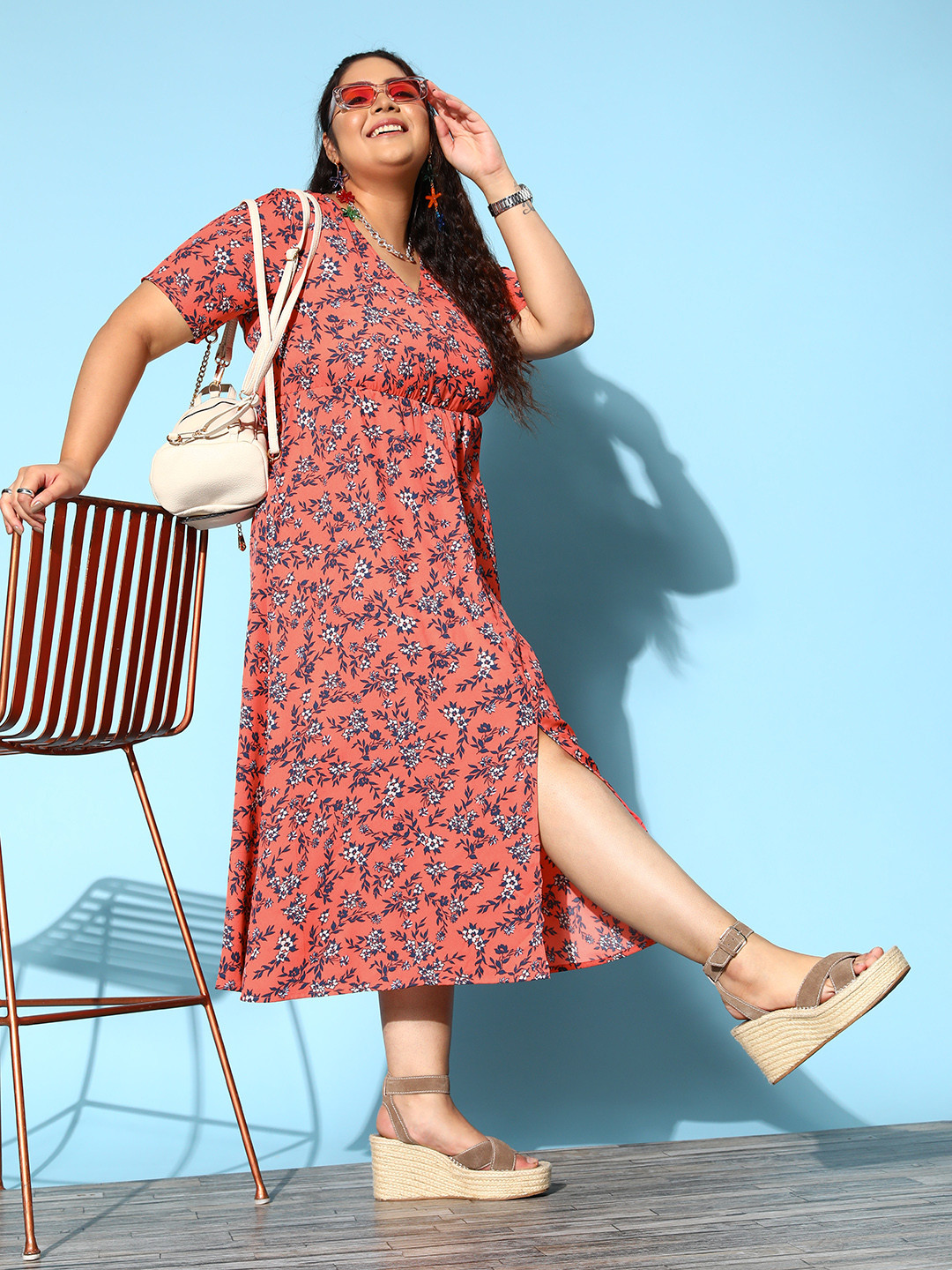 Berrylush Curve Women Bright Orange Floral New Neckline Dress