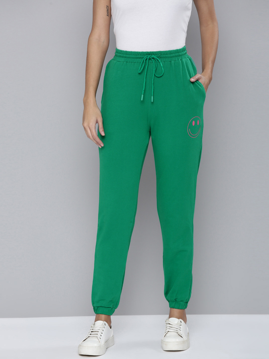 Flying Machine Women Green Solid Regular Fit Mid-Rise Knitted Pure Cotton Joggers