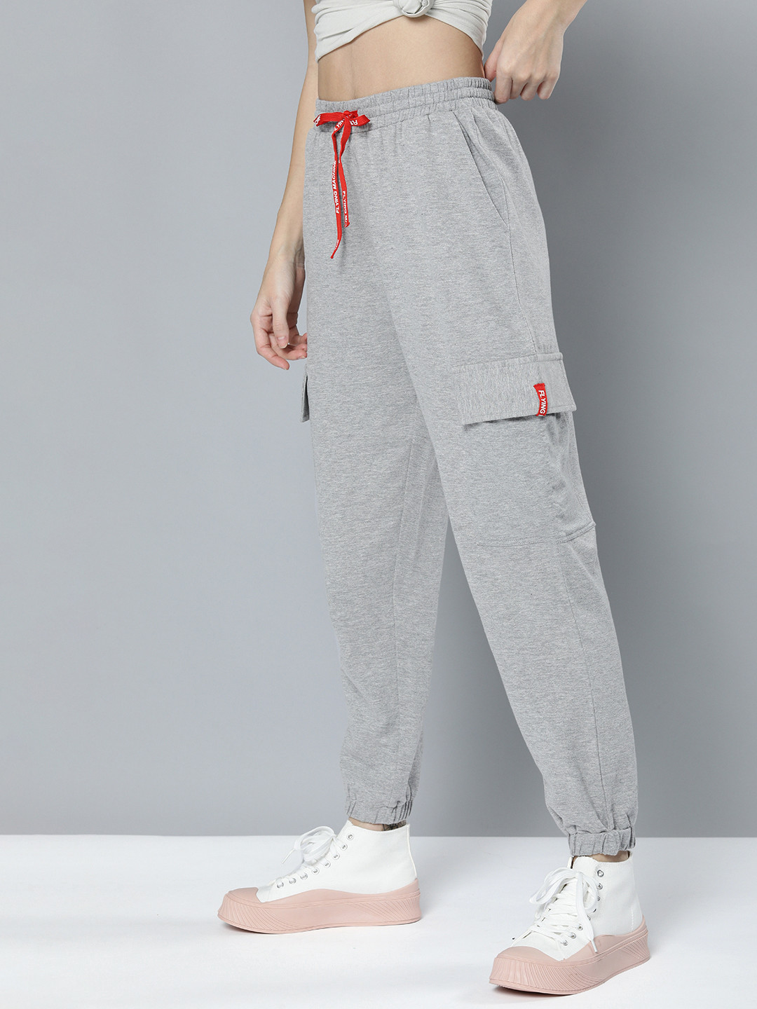 Flying Machine Women Grey Solid Relaxed Fit Pure Cotton Joggers