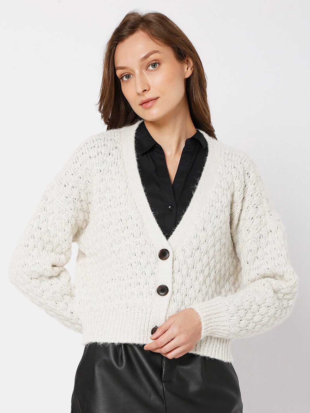 Vero Moda Women Beige Cable Knit Crop Cardigan