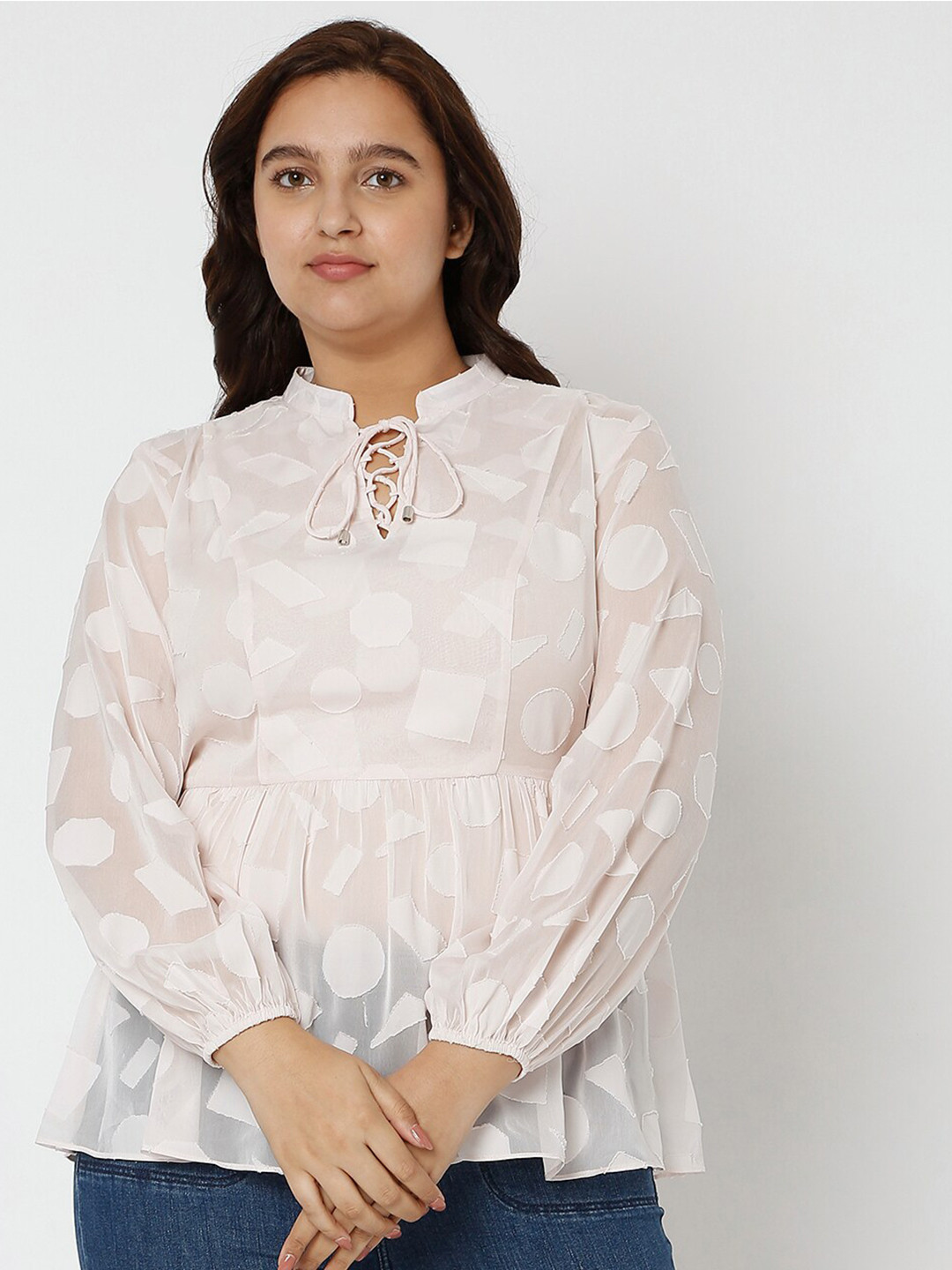 VERO MODA CURVE Plus Size Off White Tie-Up Neck Top