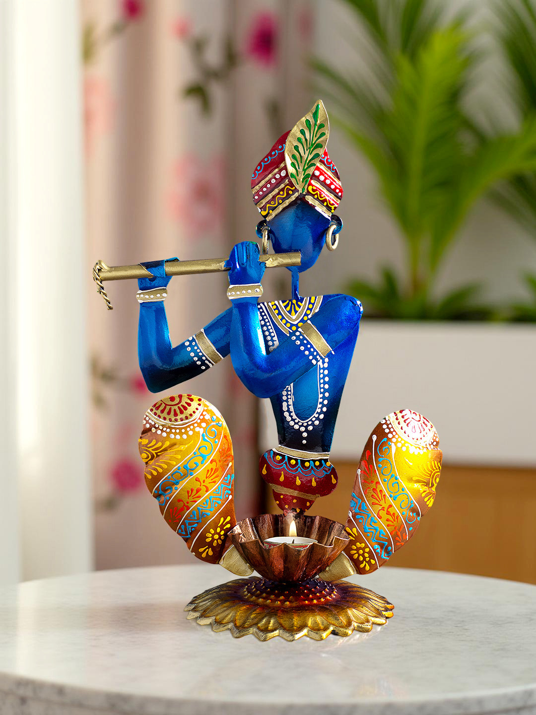Golden Peacock Blue & Yellow Handpainted  Krishna Candle Holder