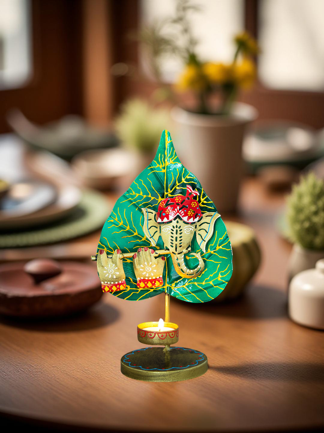 Golden Peacock Gold-Toned Green T-light Ganesh Candle Holder