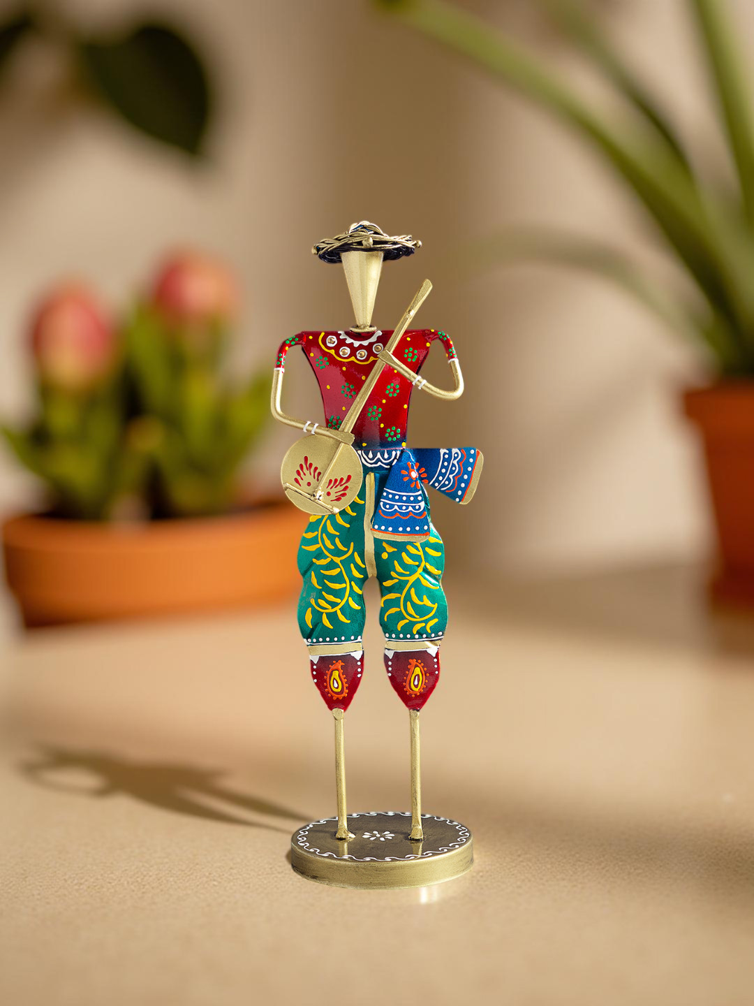 Golden Peacock Musicians Red Metal Metallic Living Room Hand-Crafted Tiny Showpiece - 14.2 Inches