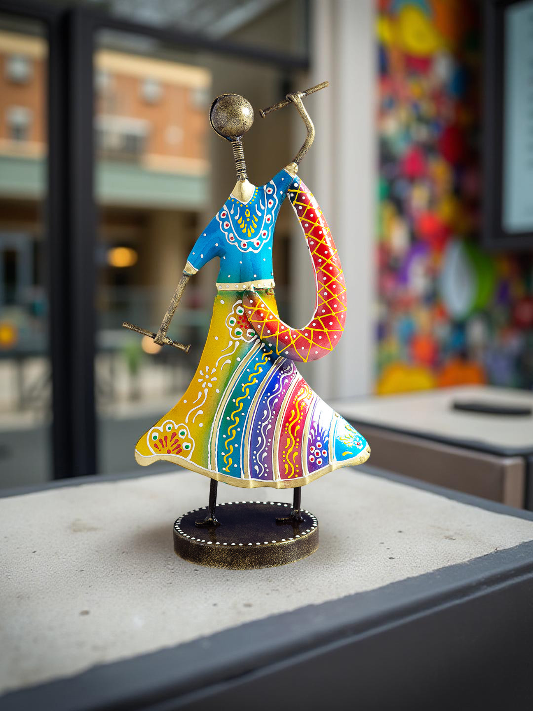 Golden Peacock Beautiful Gujarati Women Playing Dandia Blue Iron Metallic Living Room Medium Showpiece - 13 Inches