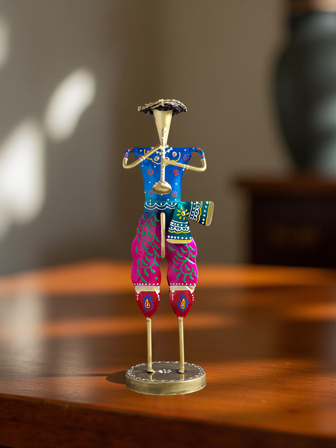 Golden Peacock Musicians Blue Metal Metallic Living Room Hand-Crafted Medium Showpiece - 3.9 Inches