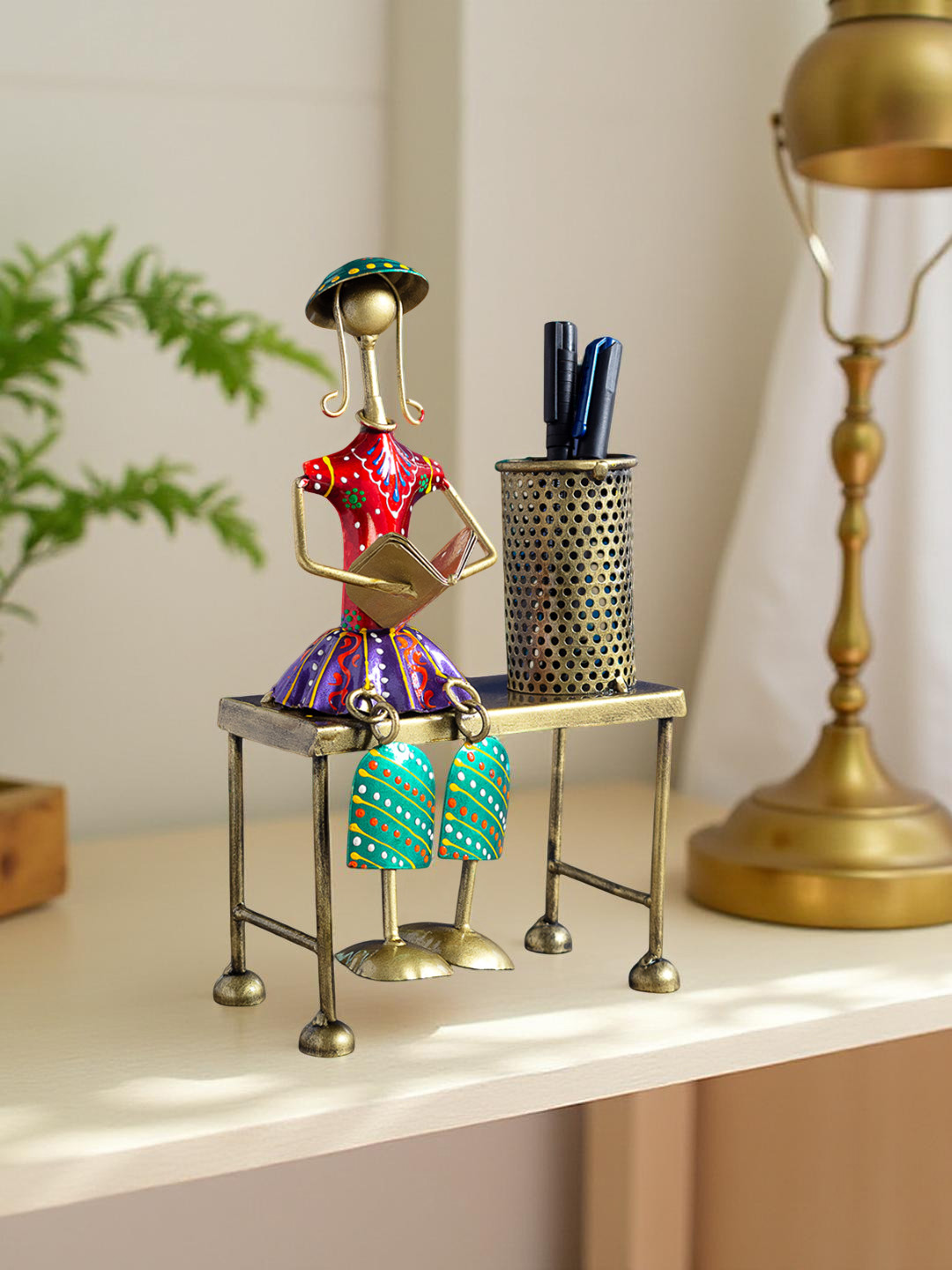 Golden Peacock Doll Figurine Desk Pen Stand Gold Metal Metallic Home Office Hand-Crafted Medium Showpiece - 3.5 Inches