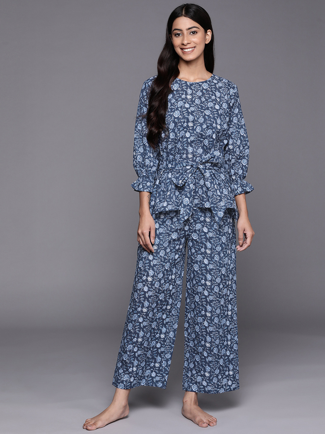 Libas Women Blue & White Printed Cotton Night suit