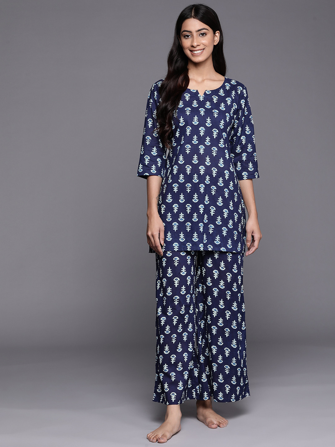 Libas Women Navy Blue & White Printed Night suit