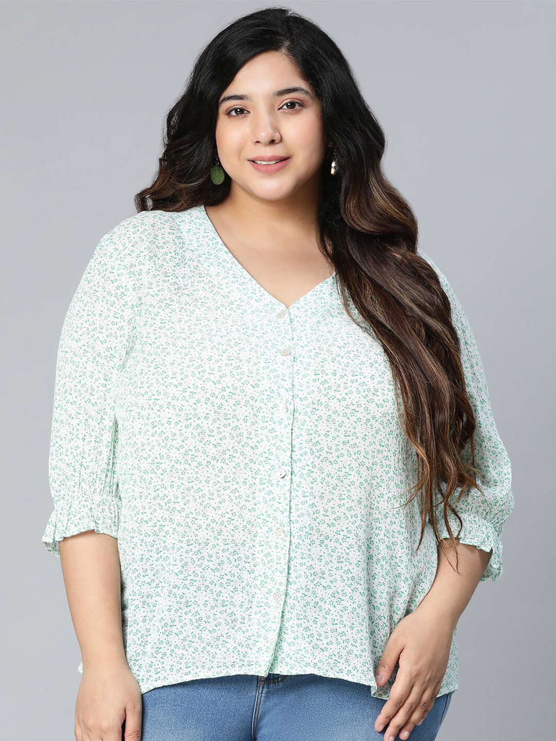 Oxolloxo Plus Size Green Floral Print Crepe Shirt Style Top
