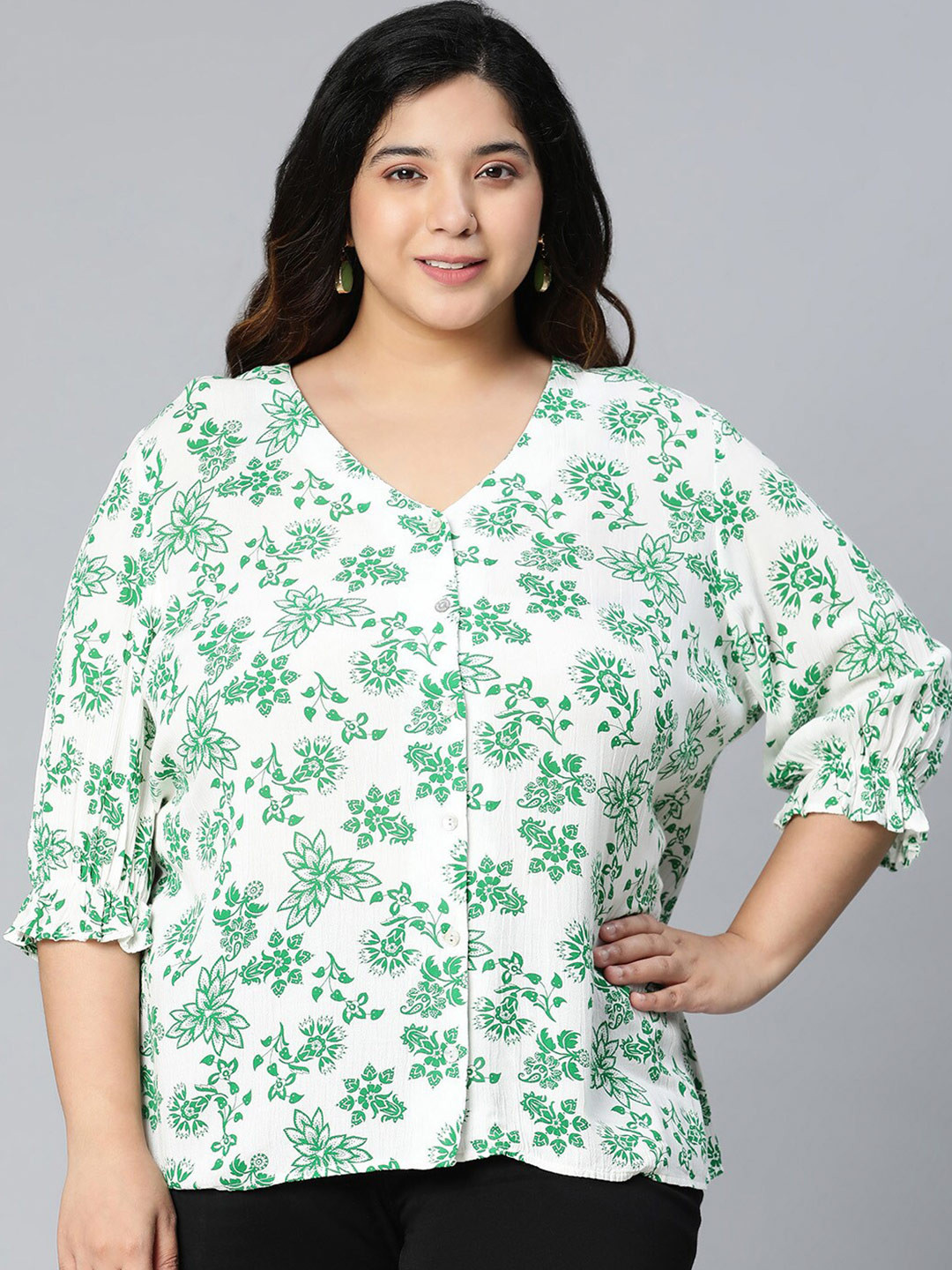 Oxolloxo Plus Size Women Green & White Floral Print Crepe Top