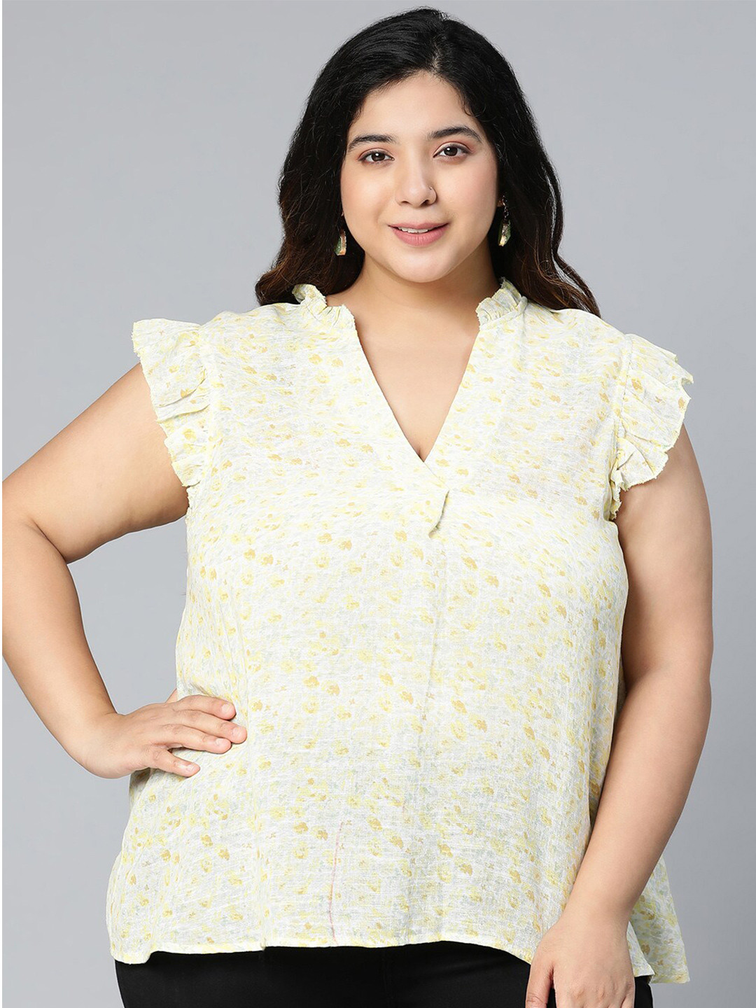 Oxolloxo Women Plus Size Yellow Floral Print Cotton Ruffles Top