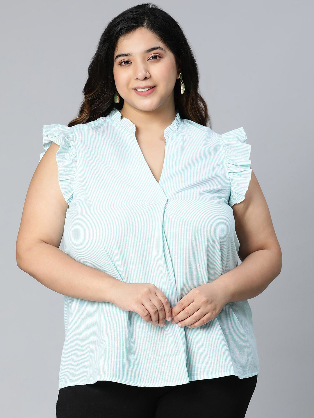 Oxolloxo Green Mandarin Collar plus size Ruffles Top