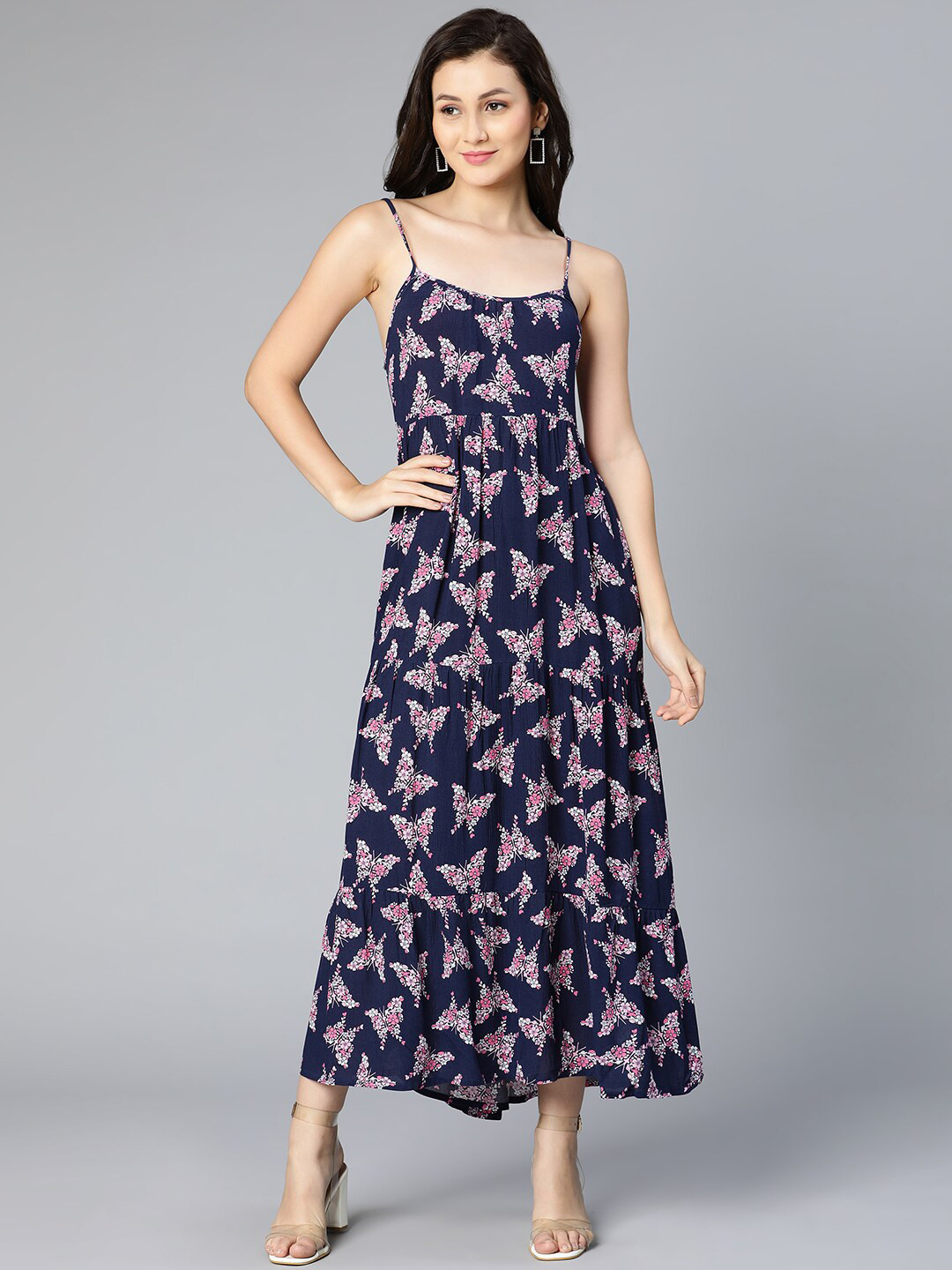 Oxolloxo Women Navy Blue Floral Crepe Maxi Dress