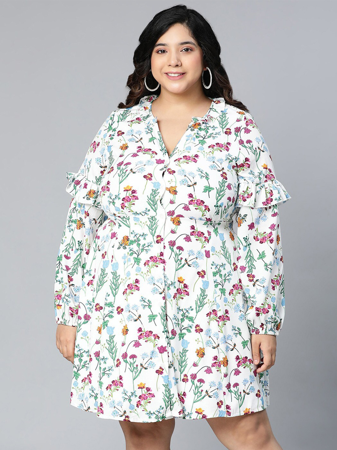 Oxolloxo White Plus Size Floral Satin A-Line Dress