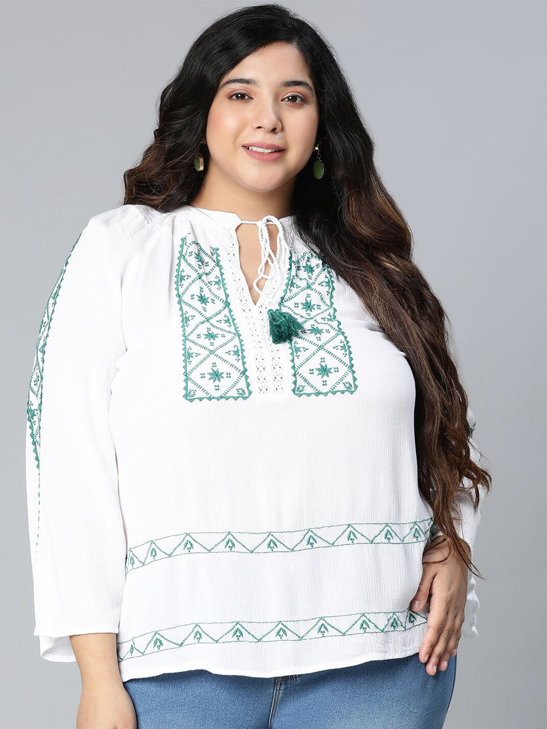 Oxolloxo Women Plus size White & Green Geometric Embroidered Tie-Up Neck Crepe Top