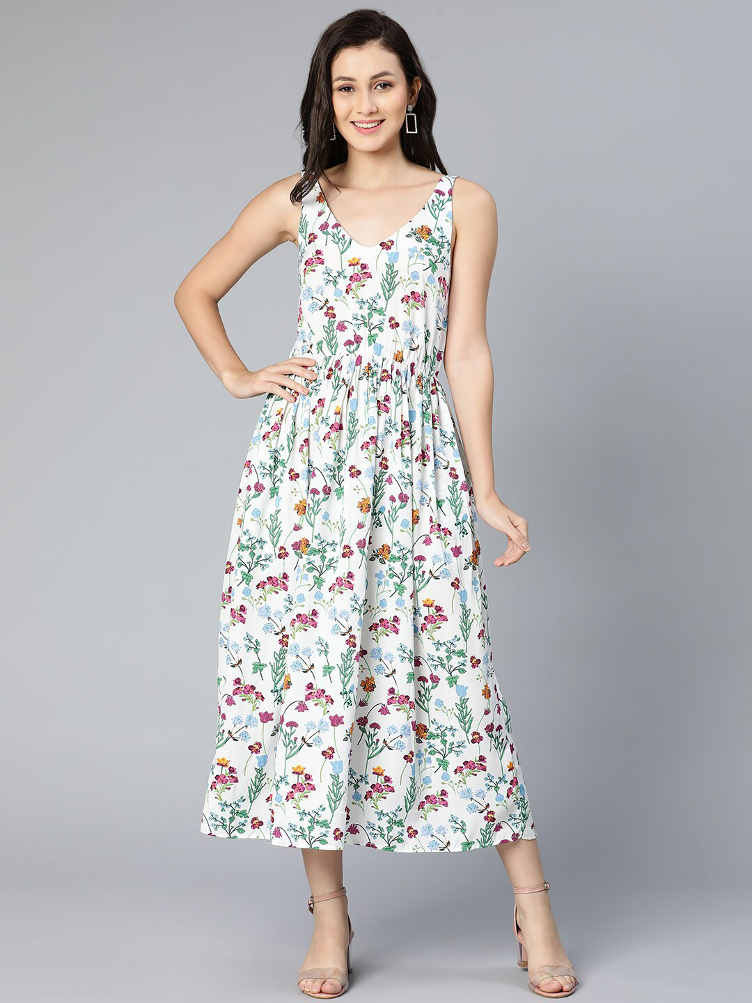 Oxolloxo White Floral Printed Satin Midi Dress