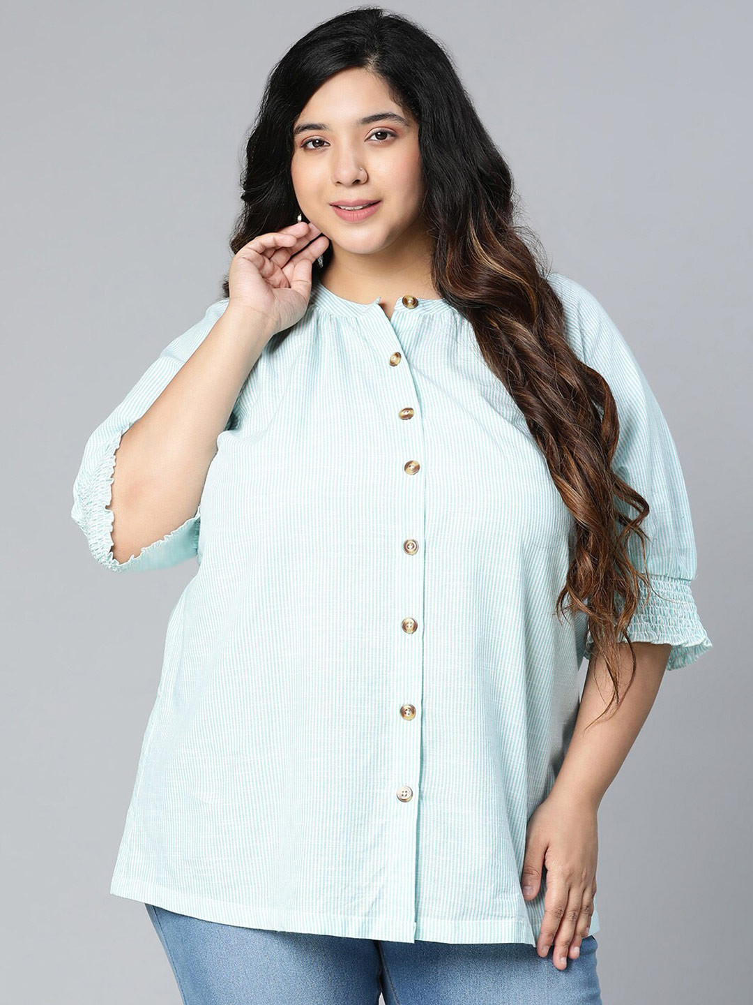 Oxolloxo Plus Size Green Crepe Shirt Style Top