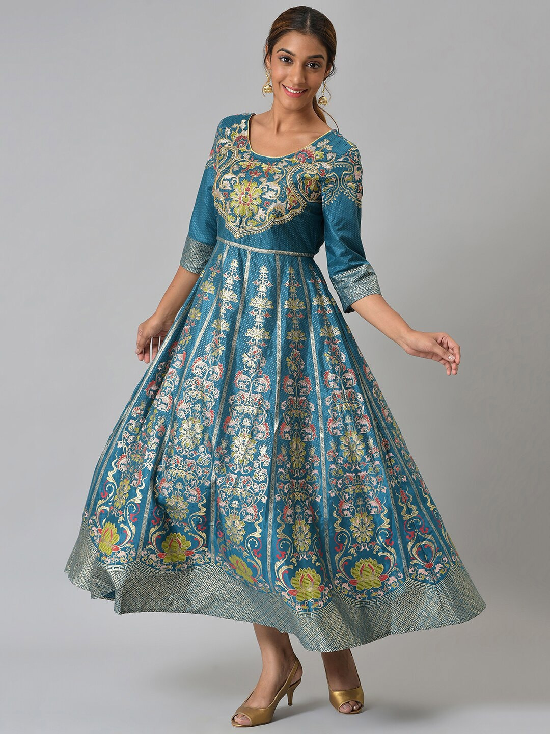AURELIA Women Blue & Lime Green Ethnic Motifs Satin Maxi Dress