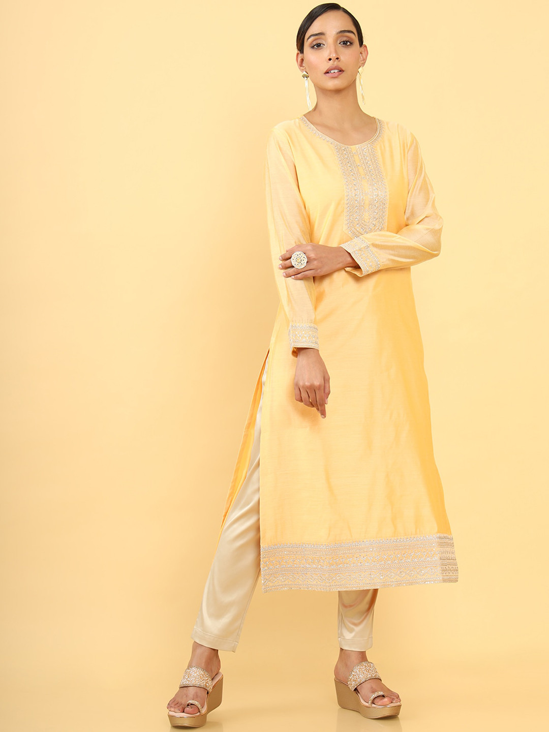 Soch Women Yellow Solid Yoke Design Thread Work Kurta