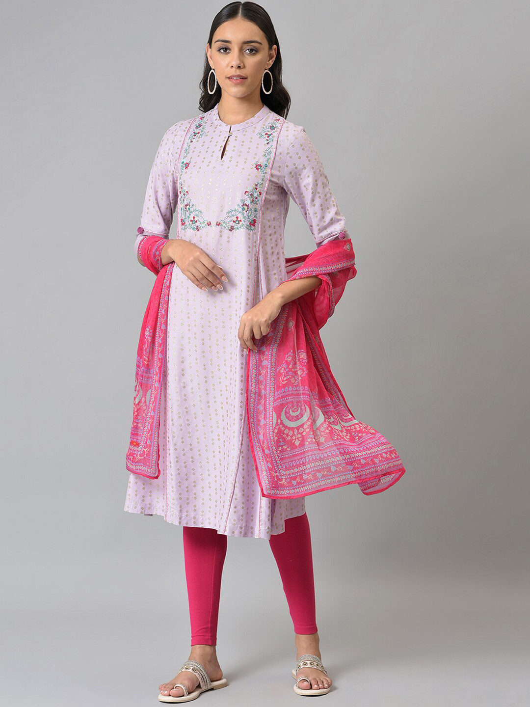 W Women  Floral Printed A-line Rayon Kurta Set With Dupatta