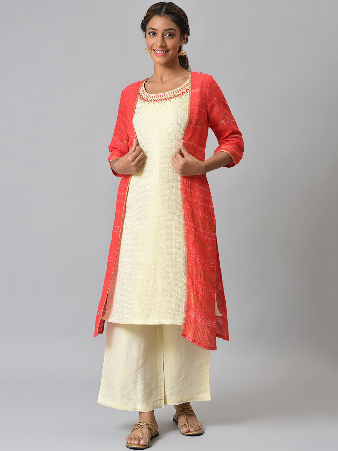 AURELIA Women Red Ethnic Motifs Layered Thread Work Kurta with Palazzos & Jacket