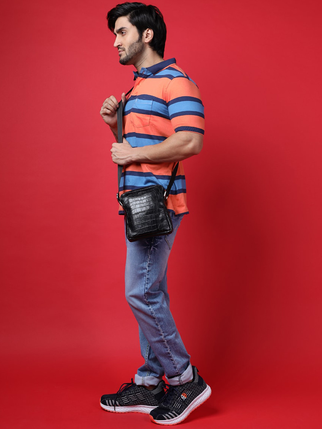 Sassora Black Animal Textured Leather Structured Sling Bag