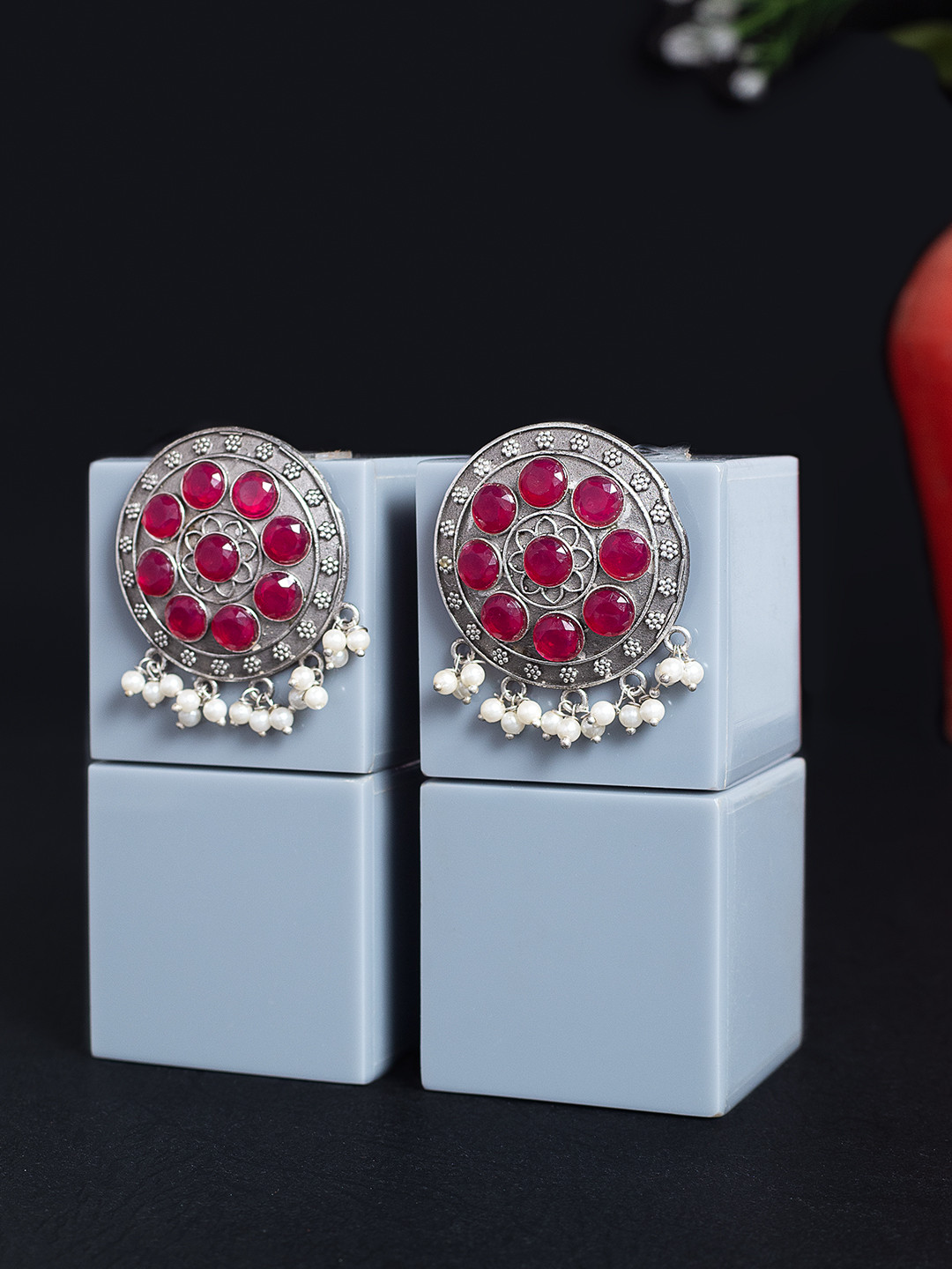 Golden Peacock Pink & Oxidised Silver Floral Circular Ethnic Studs
