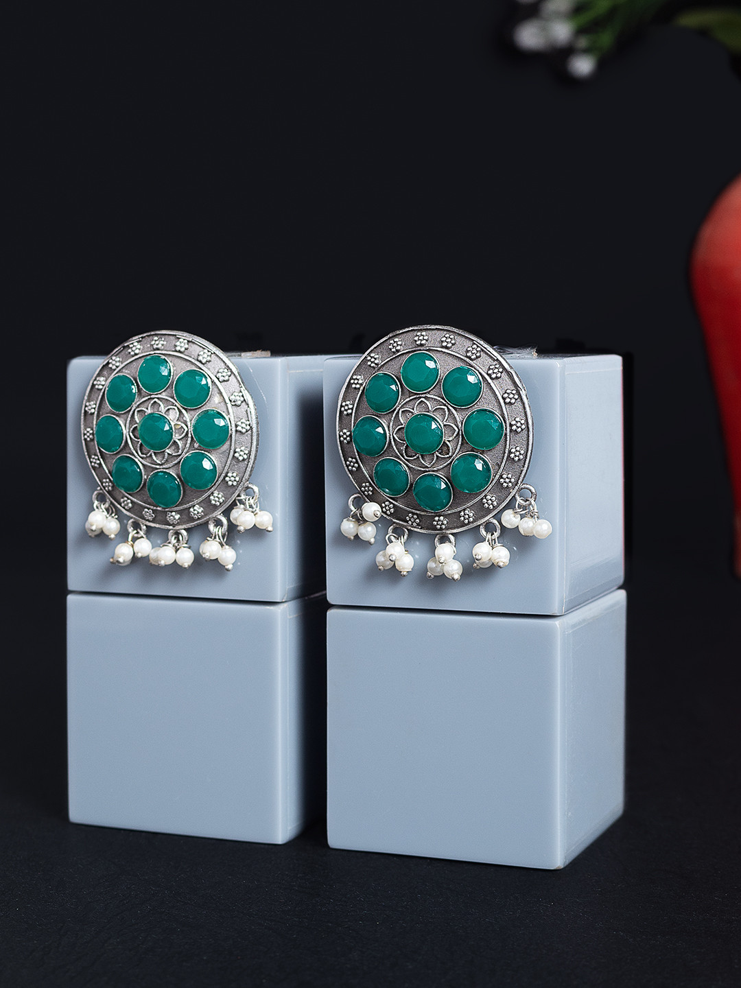 Golden Peacock Green & Oxidised Silver-Toned Floral Circular Ethnic Studs