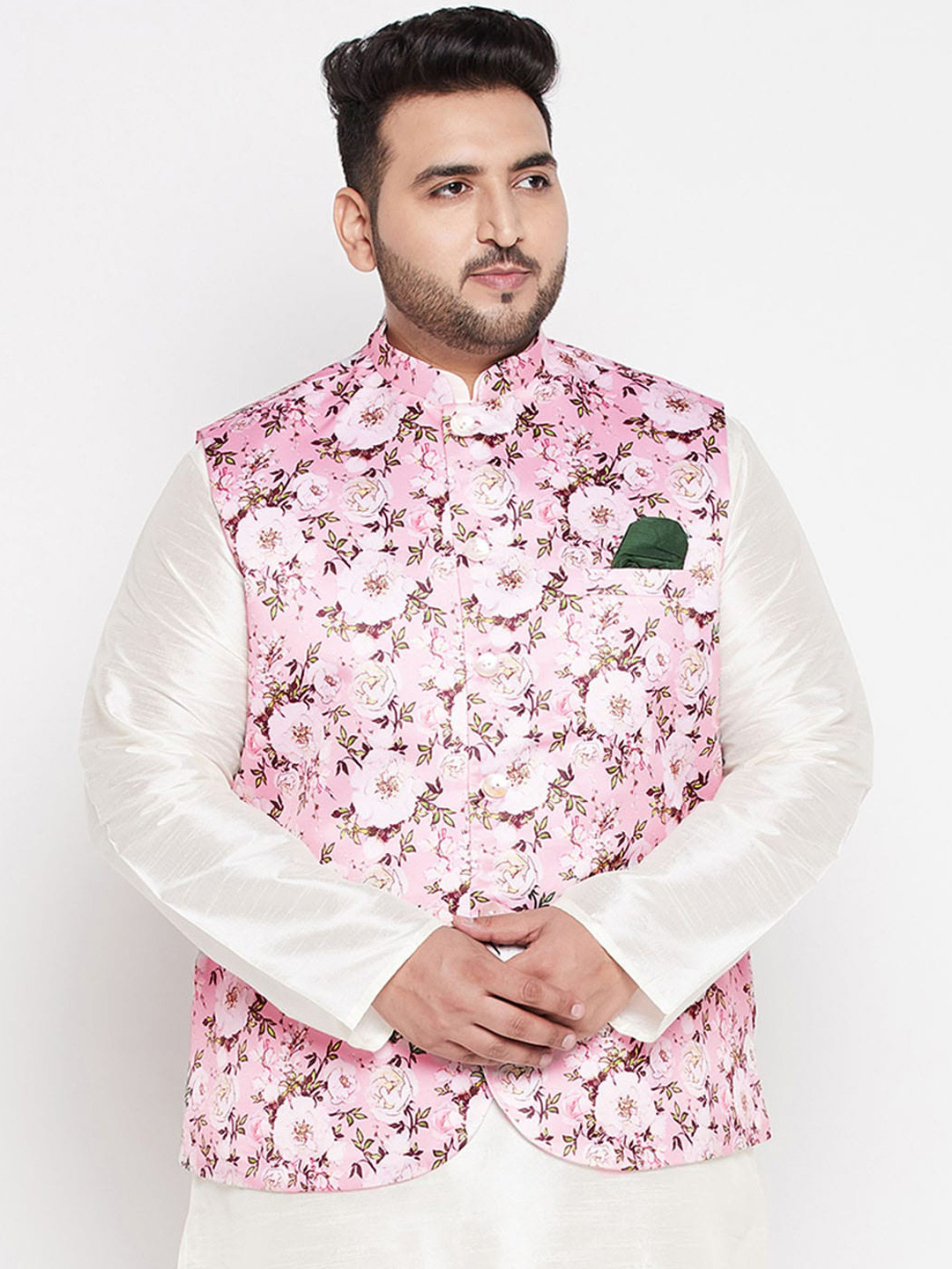 VASTRAMAY Men Plus Size Pink Printed Nehru Jackets