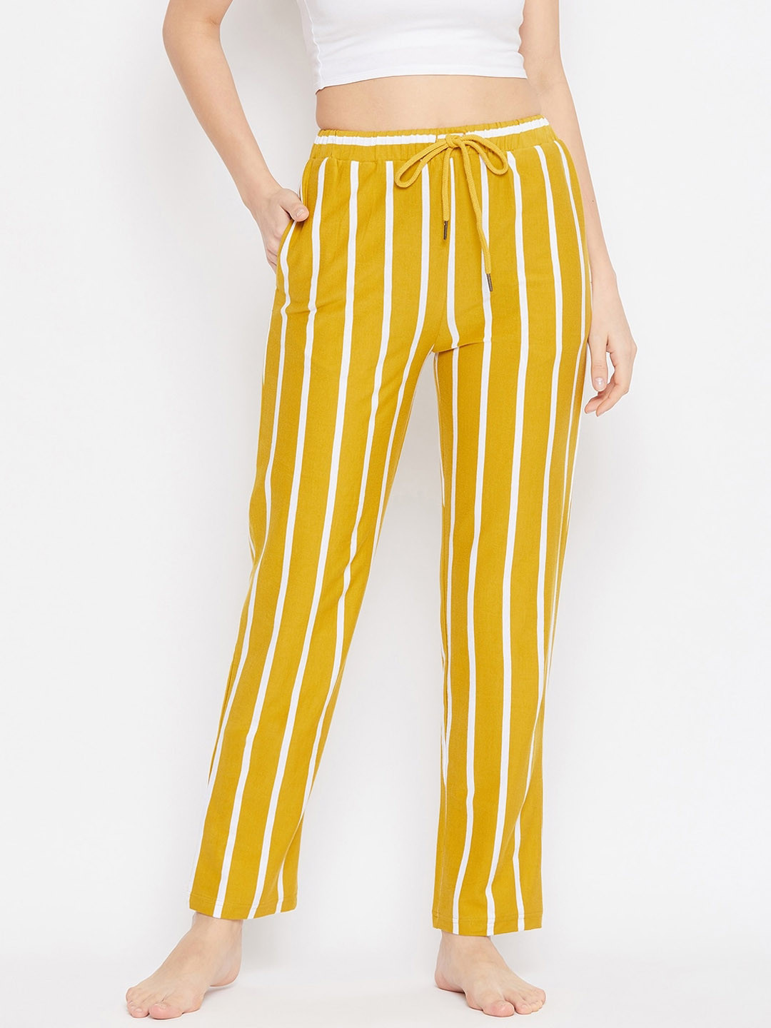 Hypernation Women Yellow & White Striped Lounge Pants