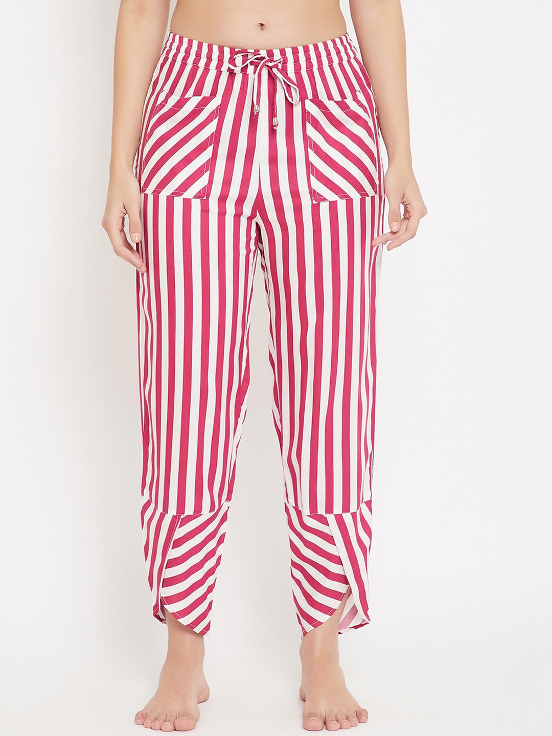 Hypernation Women Red and White Stripe Print Lounge Pants