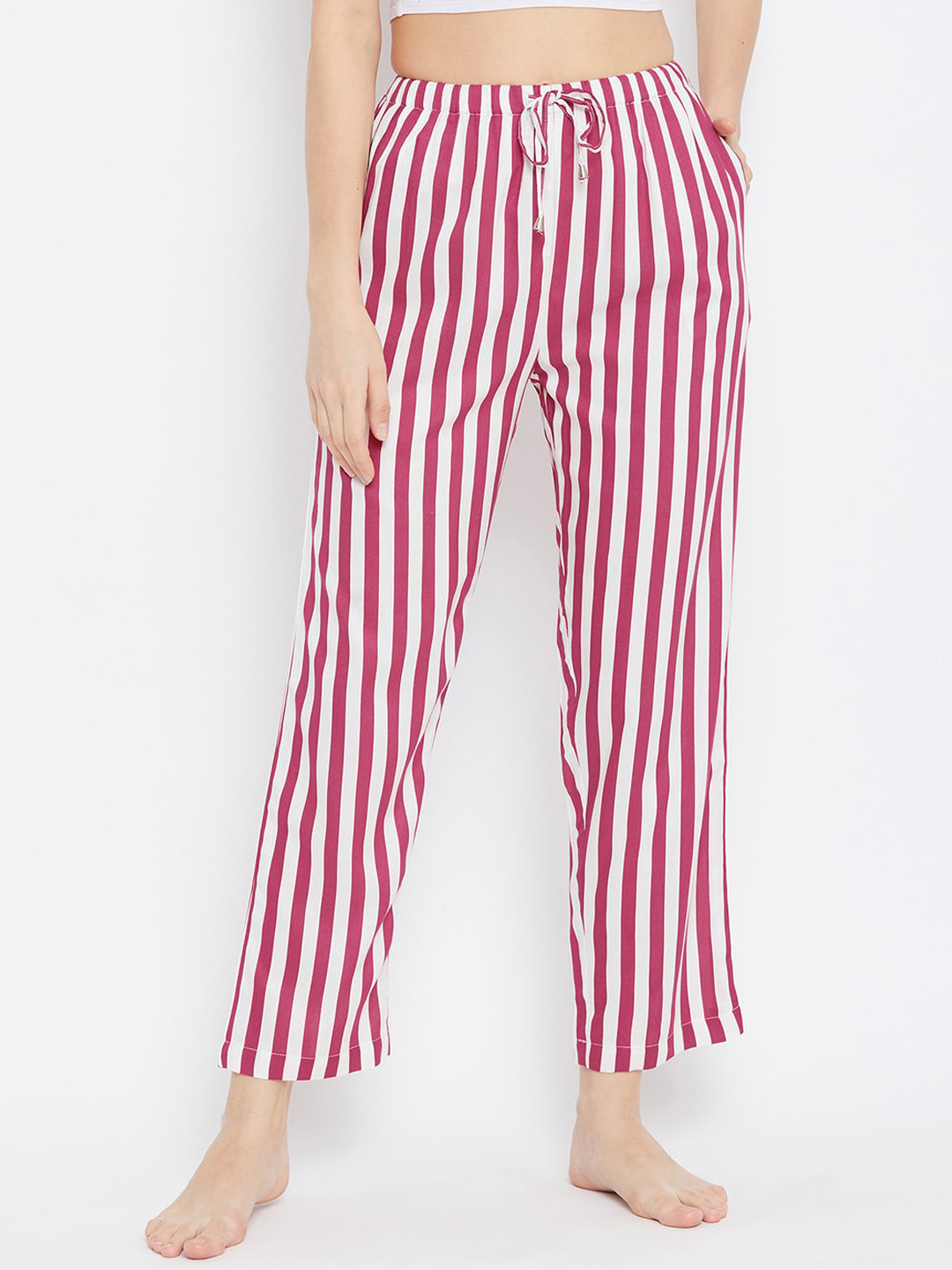 Hypernation Women Red & White Striped Lounge Pants