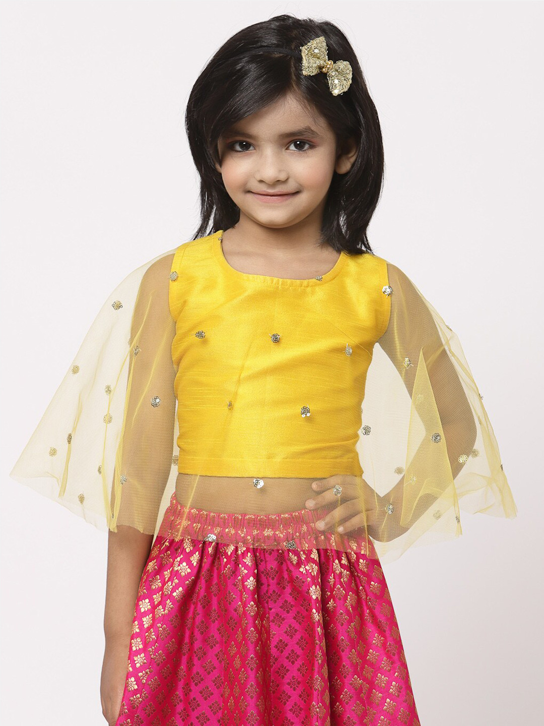 studio rasa Girls Yellow Embellished Net Cape Crop Top