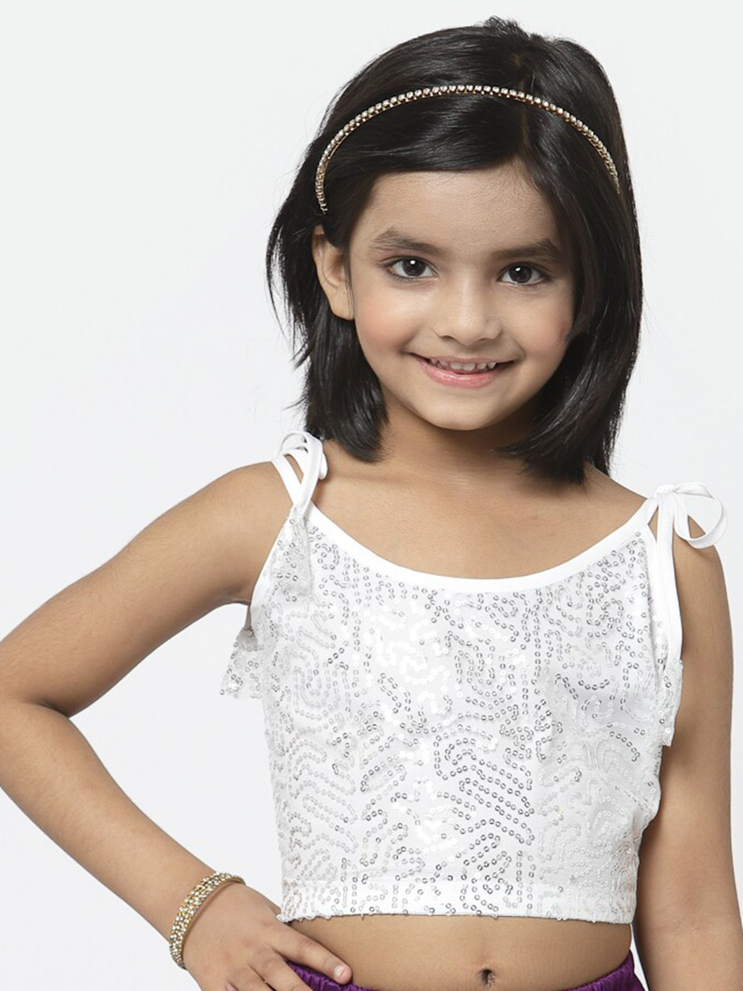 studio rasa Girls Silver-Toned Sequin Embellished Net Crop Top