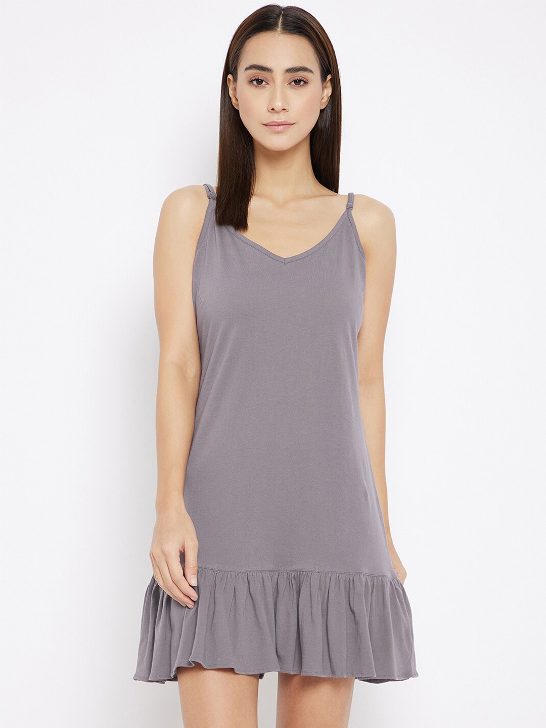 Hypernation Women Grey Pure Cotton Baby Doll Nightdress