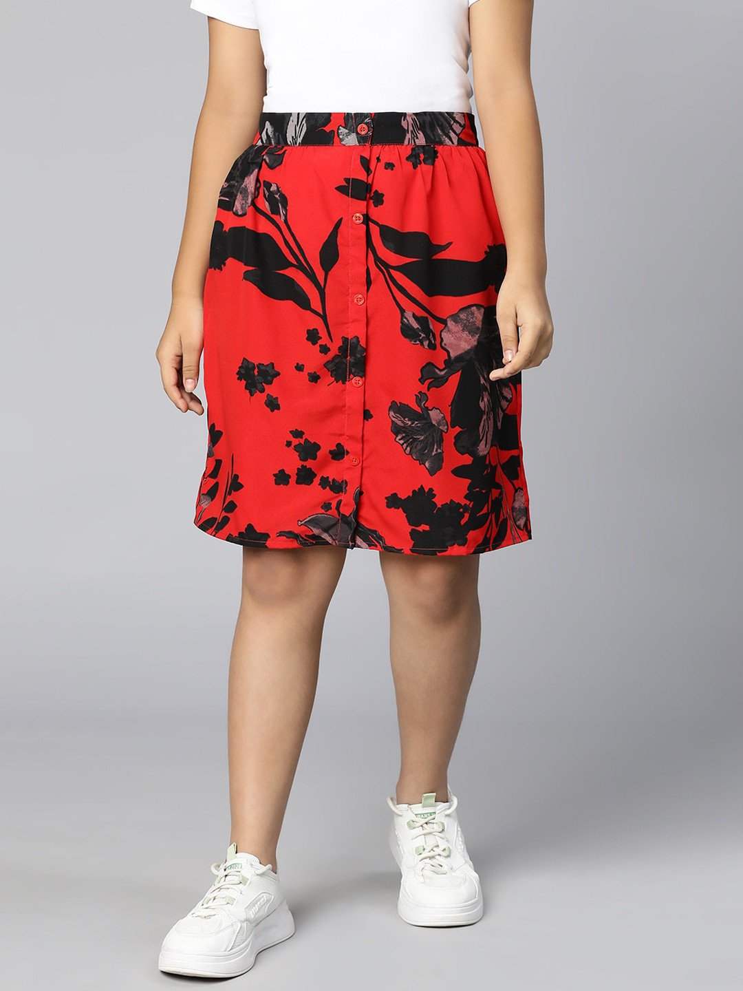 Oxolloxo Girls Red Leaf Printed Knee Length A-Line Skirts