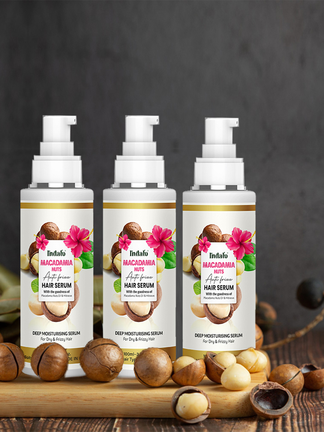INDALO Pack Of 3 Macadamia Nuts Oil & Hibiscus Anti-Frizz Hair Serum - 300ml