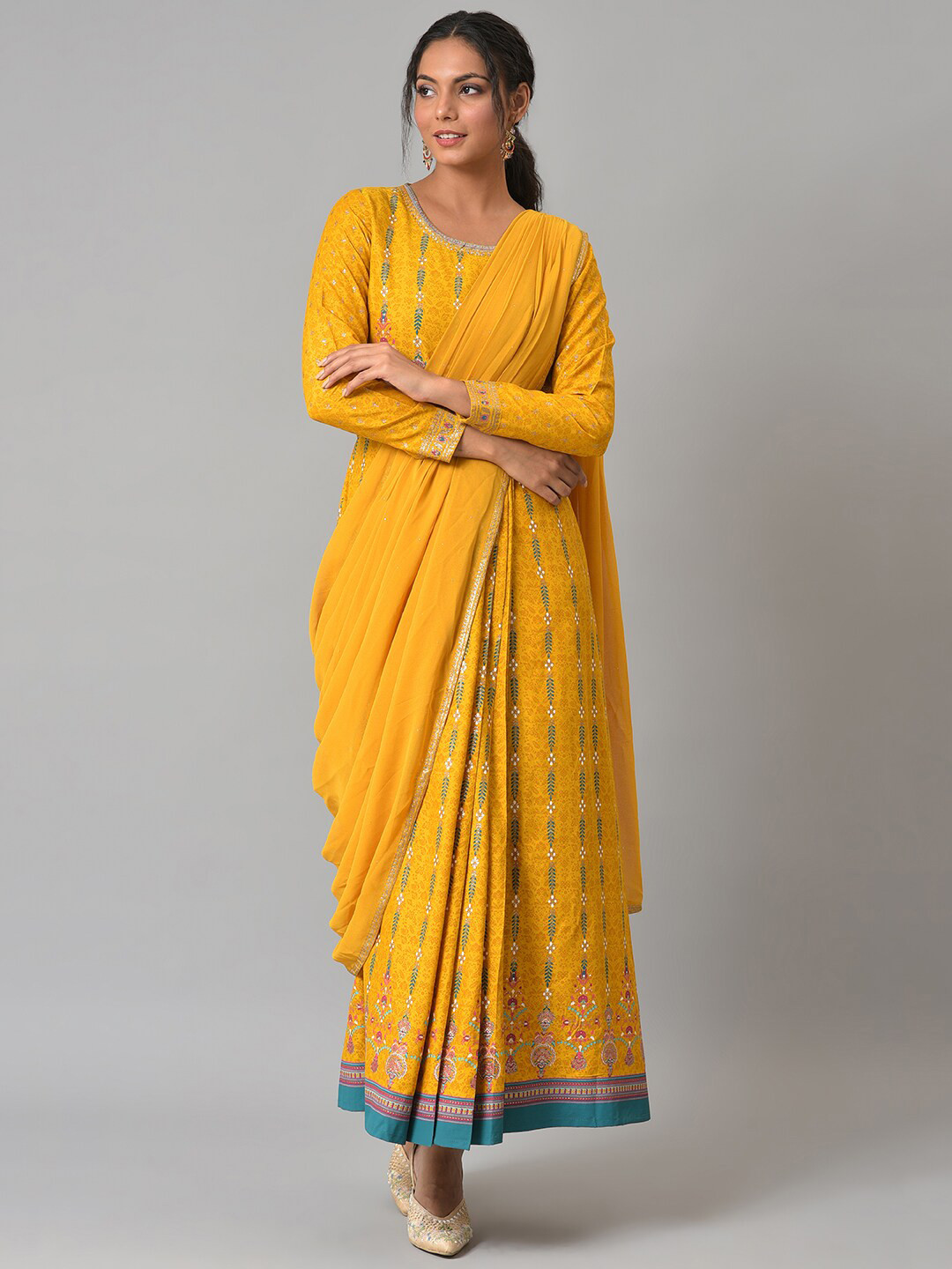 W Yellow Glitter Printed Festive Insta Saree Dress with Belt
